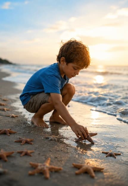 A boy crouches on the shoreline at sunset, returning starfish to the sea